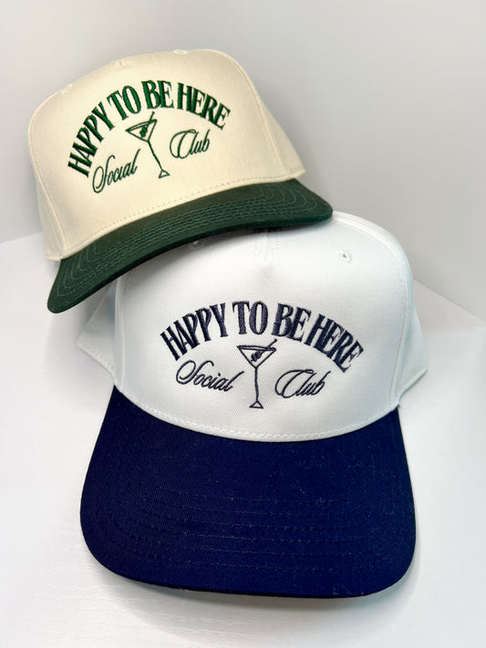 ‘HAPPY TO BE HERE SOCIAL CLUB’ CANVAS TRUCKER HAT—Navy Blue